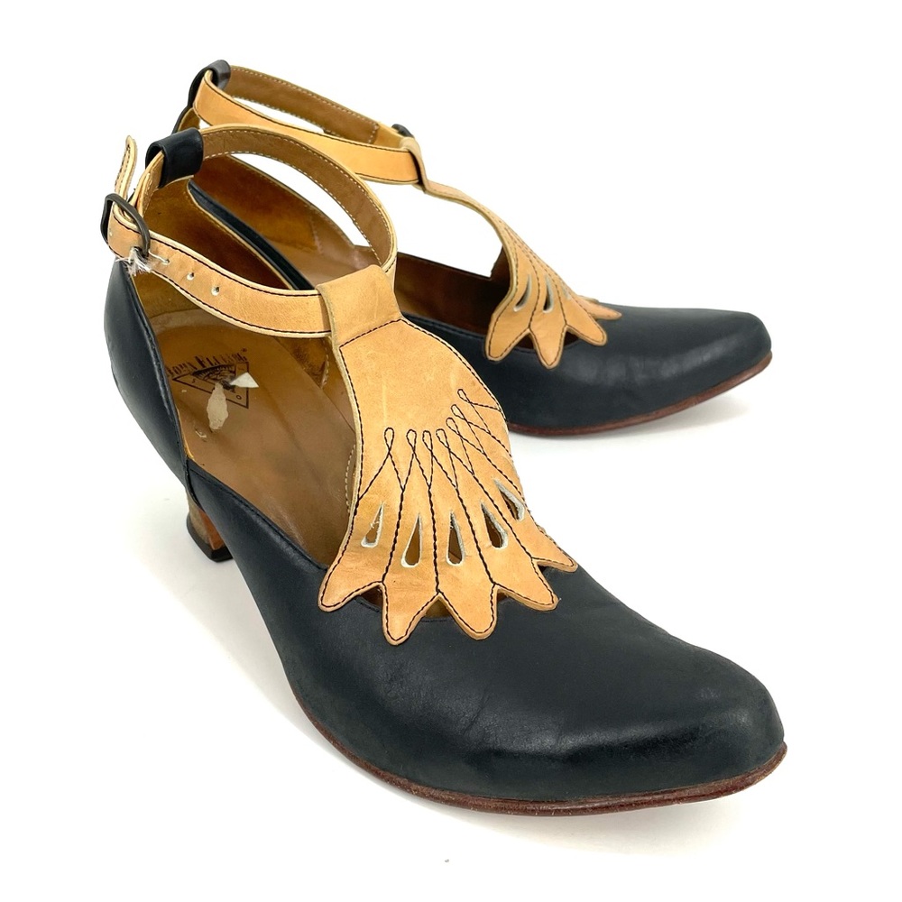 John Fluevog Wonder Everest Black and Tan Leather T-Strap Heel